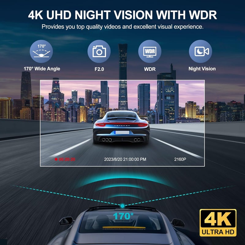 CHENSIVE 4K 3 Channel Dash Cam with 64GB Card, 4K+1080P+1440P Dash Cam Front and Rear Inside, Dash Camera for Cars with Motion Detection, 24H Parking Mode, Super Night Vision, Loop Recording - Image 5